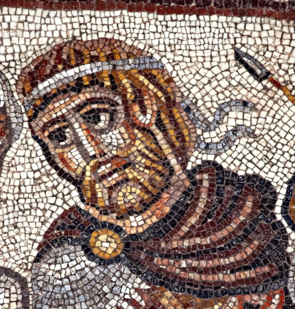Detail of the head of a Greek military ruler in the Huqoq synagogue's 5th century mosaic. (photo credit: Jim Haberman)
