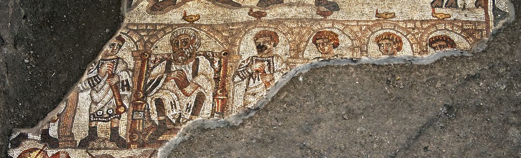 Detail of the Huqoq synagogue's 5th century mosaic, showing the white-bearded elder. (photo credit: Jim Haberman)